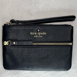 Kate Spade Black Pebbled Leather Double Zip Wristlet Wallet Gold-tone Hardware